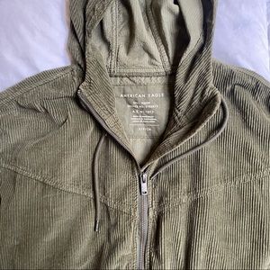 American Eagle Olive Green Corduroy Hooded Bomber Jacket Size S